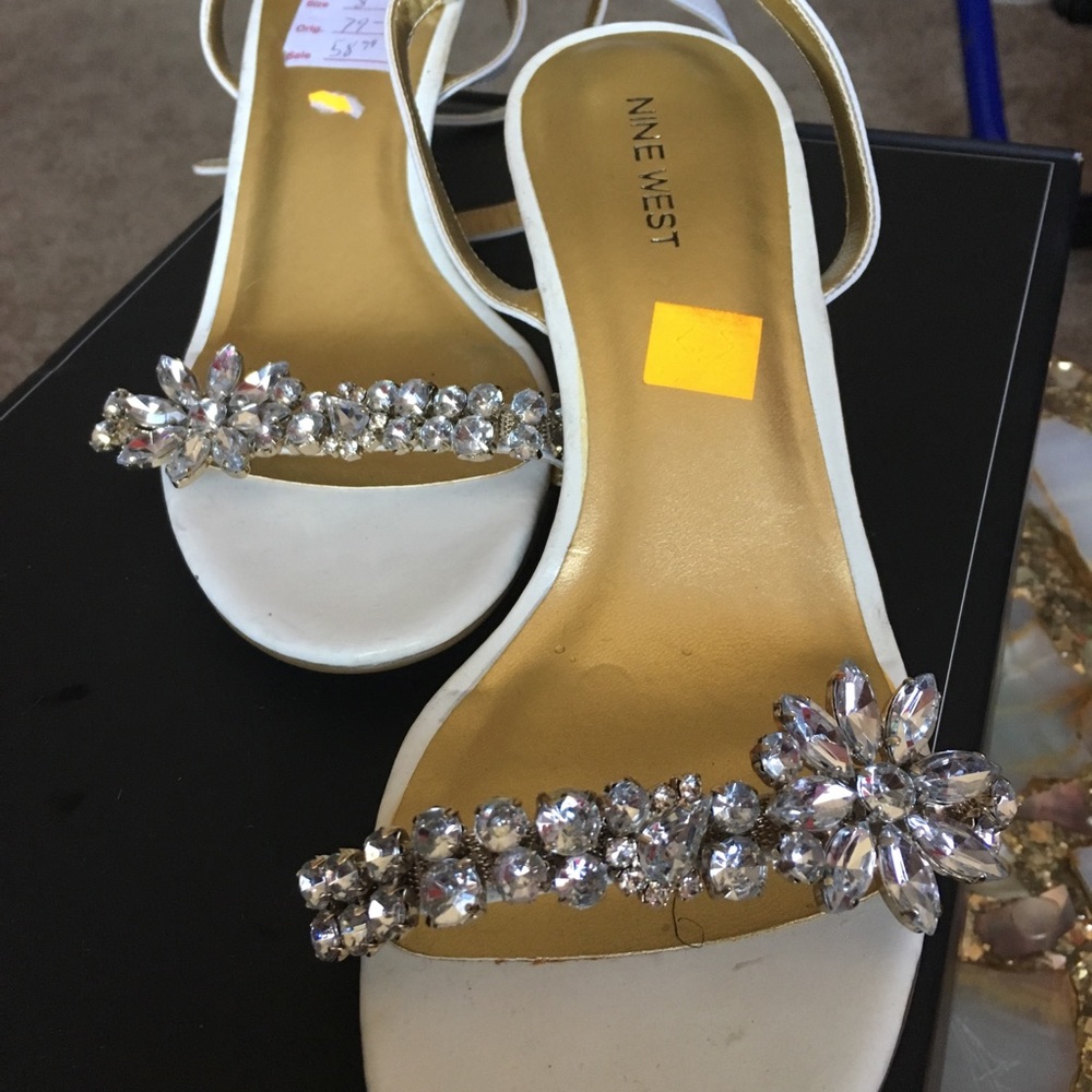 Wht sandals adorned with silver Rhinestones SZ 8.5